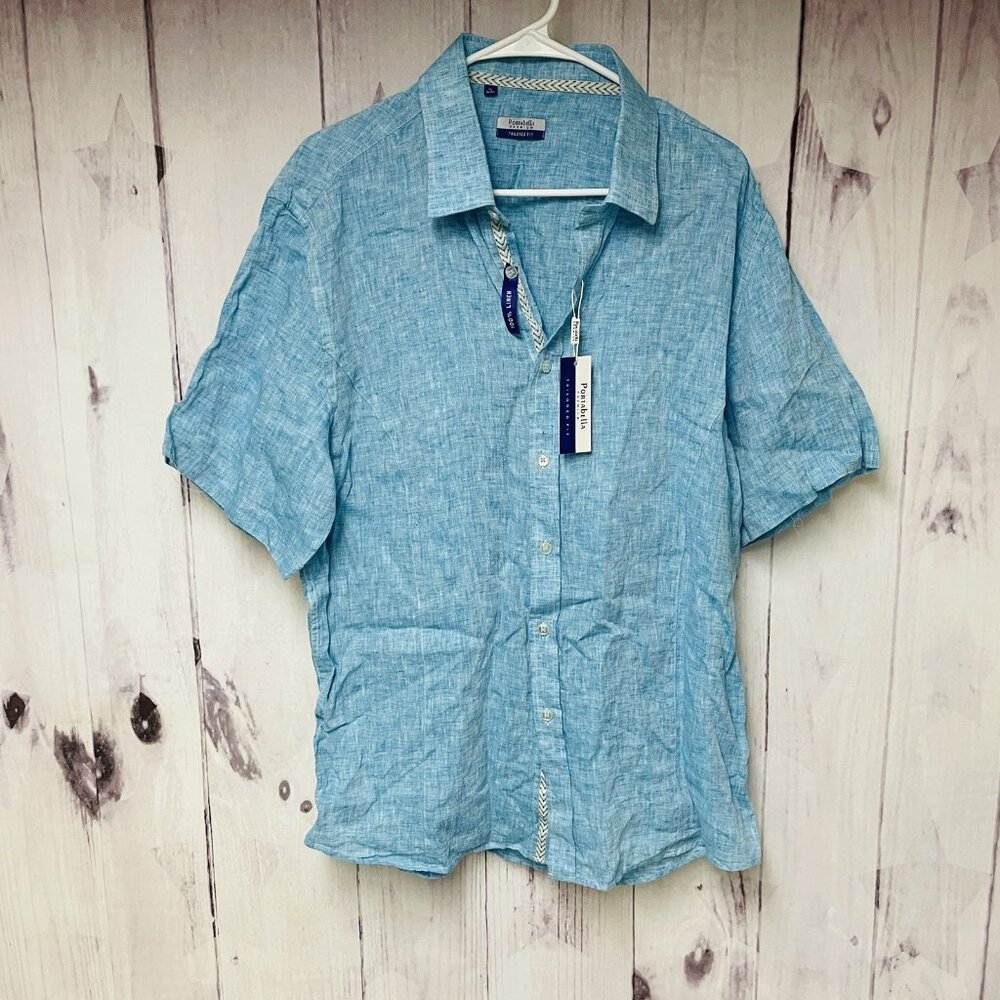 Portabella Button Up Shirt Men's Size XL Long Sleeve Blue Tailored Fit Linen